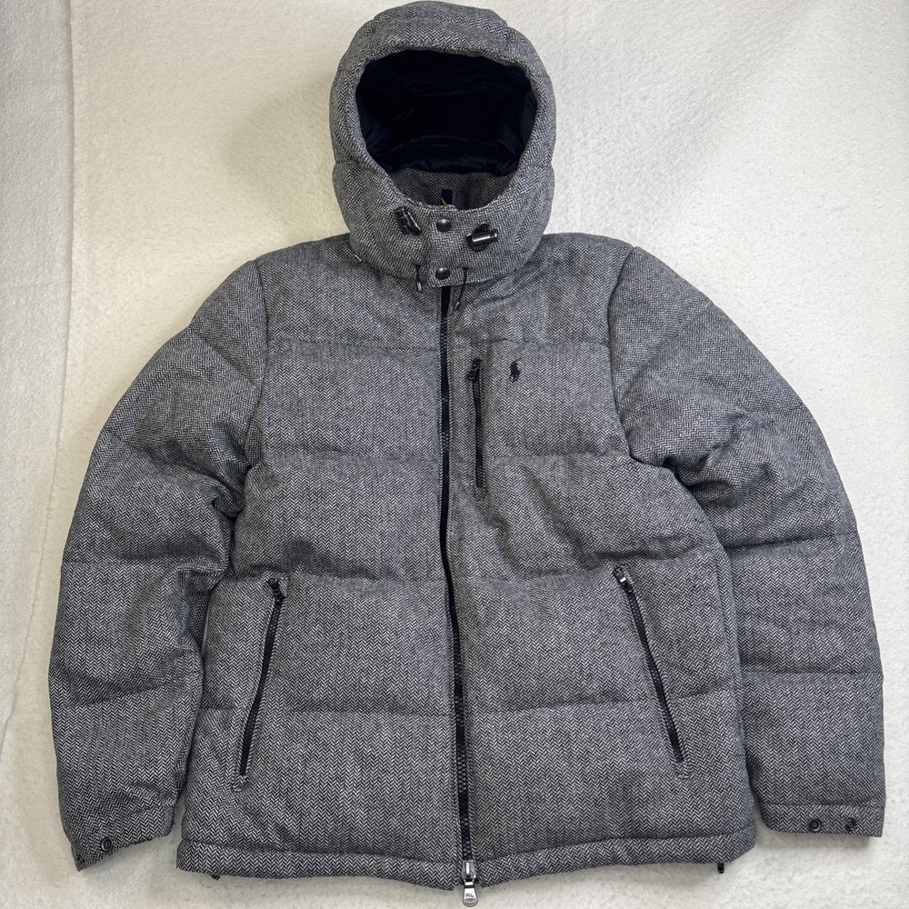 Polo Ralph Lauren Herringbone Wool Tweed Quilted Puffer Down Jacket Hooded M